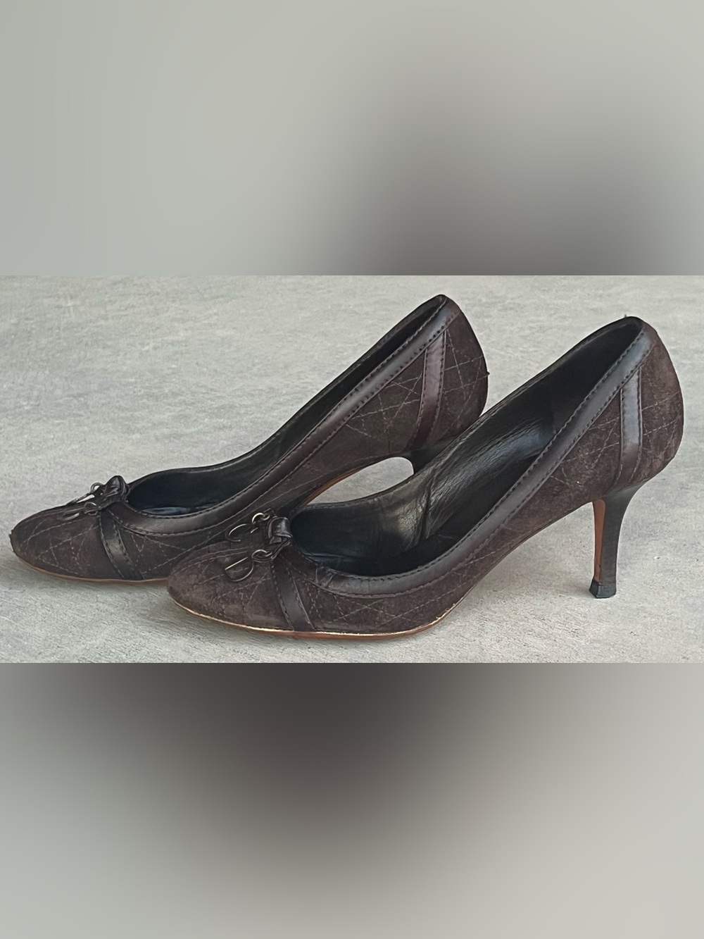 Christian Dior Cannage Brown Suede Leather Pumps Heels CD charm 38.5 Vintage